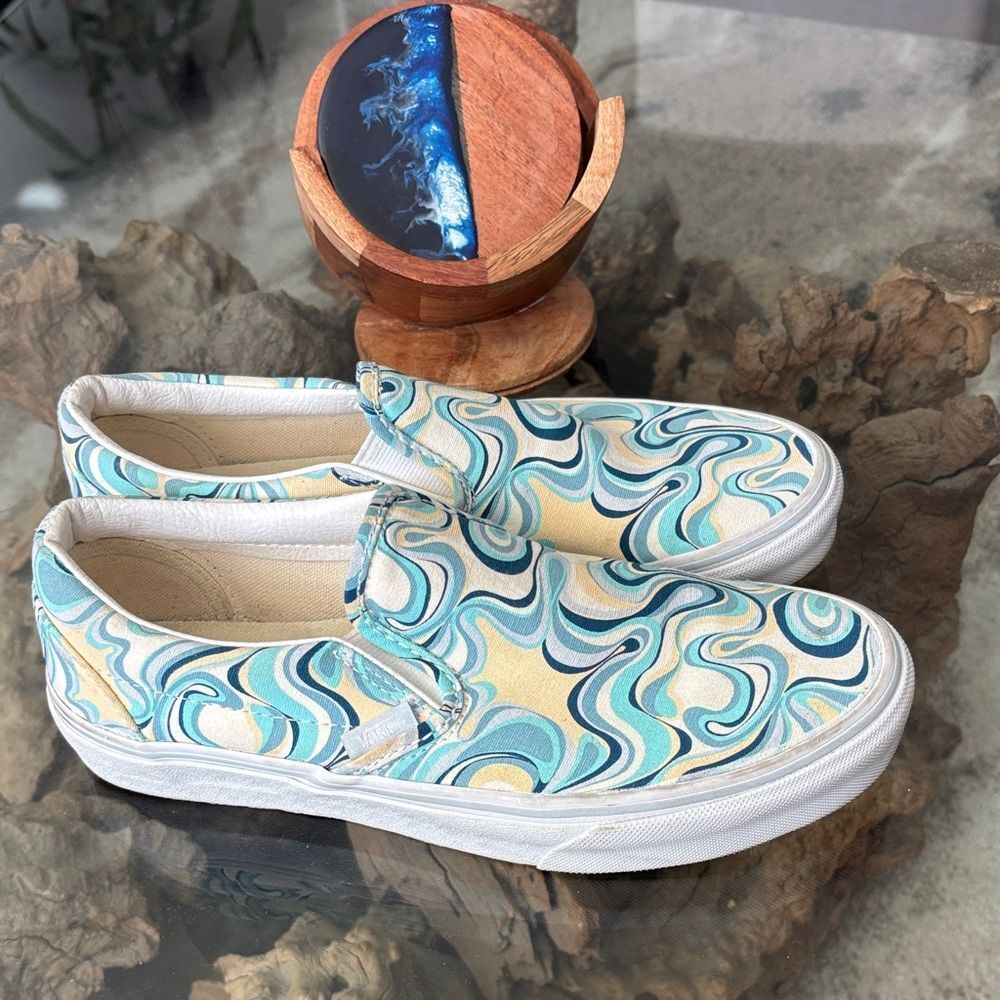 Vans Teal and Yellow Wave Slip-Ons